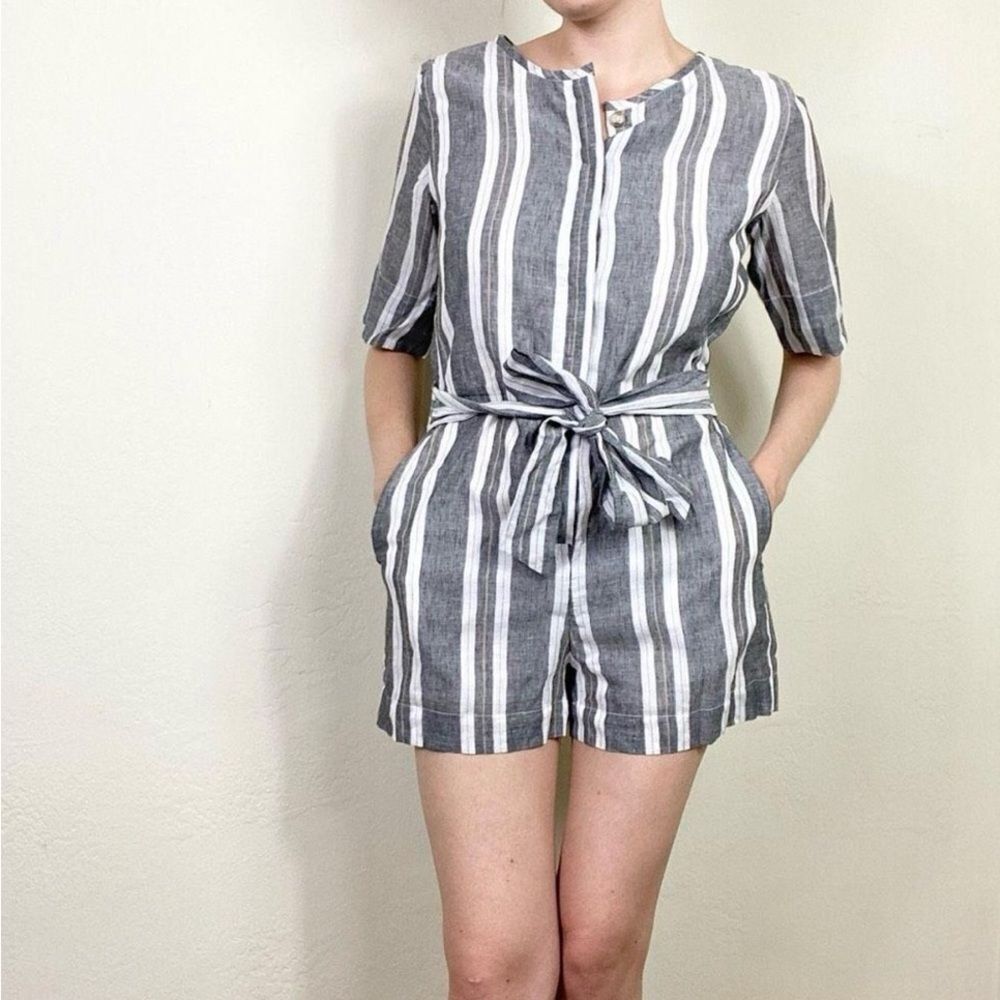 NWT Banana Republic Cotton-Linen Romper Womens Size 0 Blue White Nautical Stripe